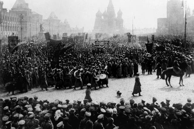 A parade and demonstration in Red Square, Moscow, to commemorate the First of May (Russia’s Labour Day) in 1917