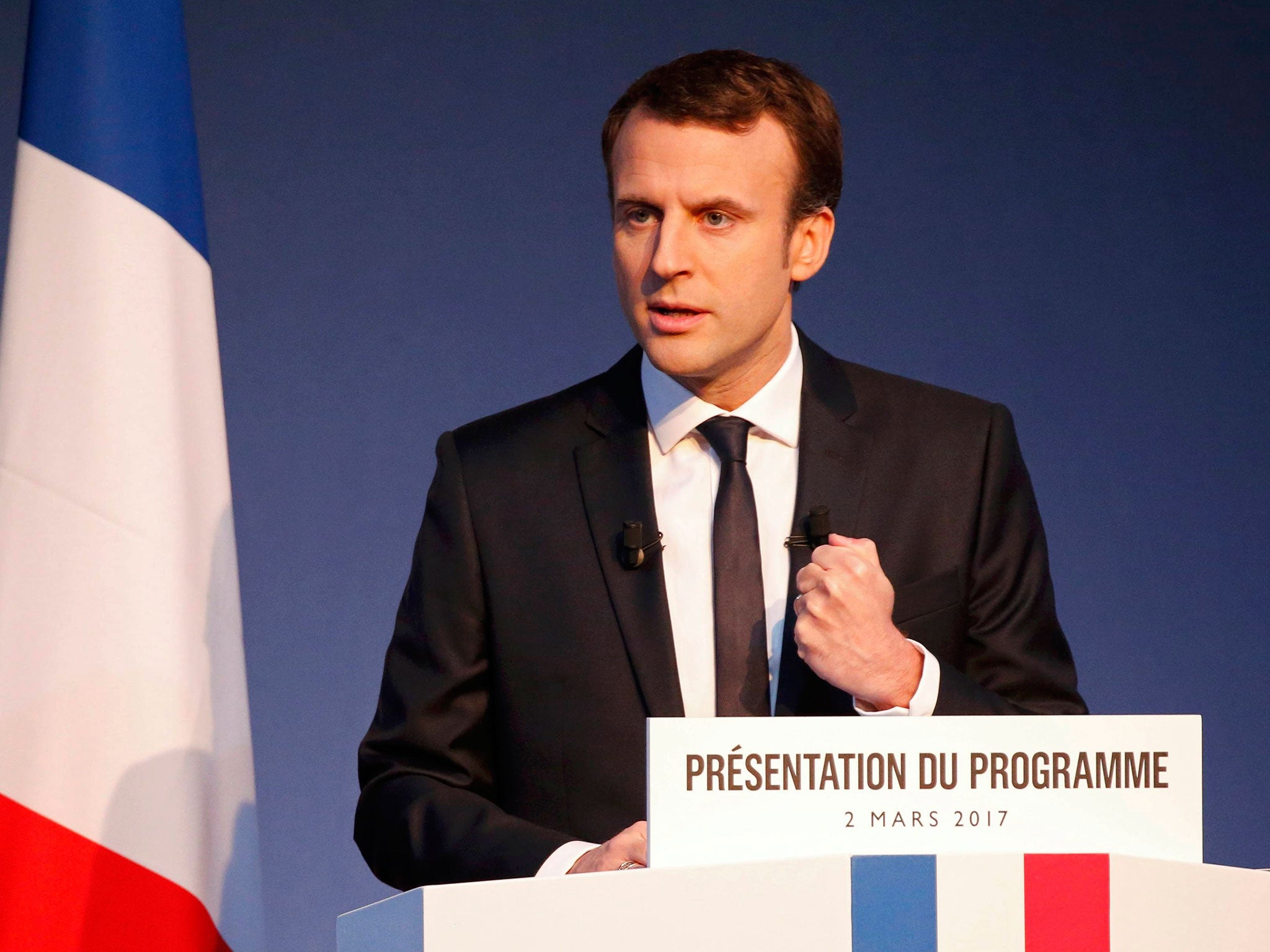 Emmanuel Macron unveils his election manifesto in Paris on 2 March