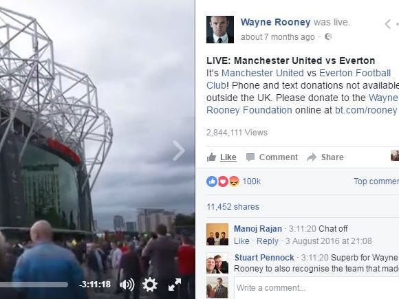 Wayne Rooney's testimonial was broadcast on Facebook Live