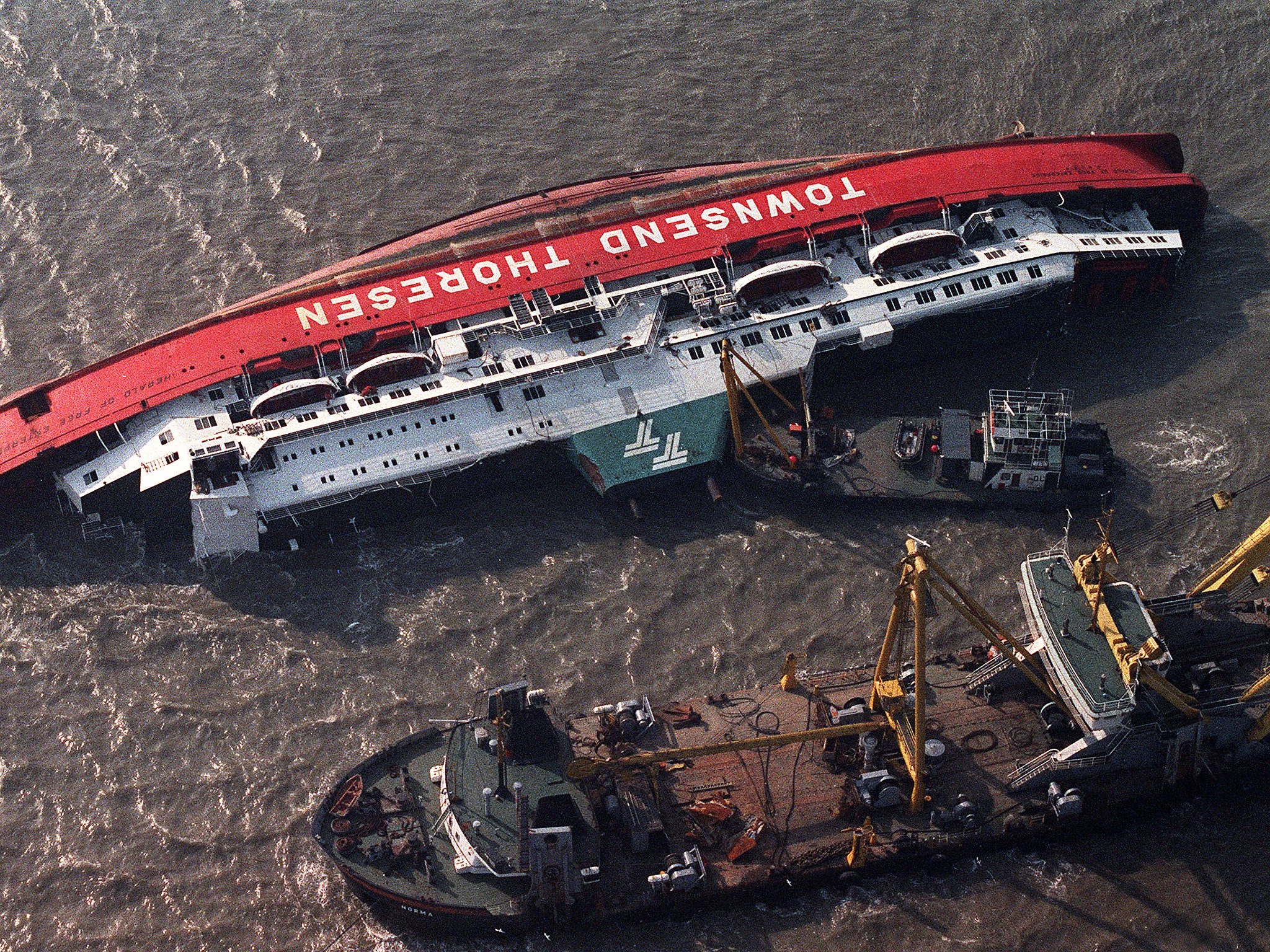 The Herald of Free Enterprise the day after the disaster, in which 193 people lost their lives, in March 1987