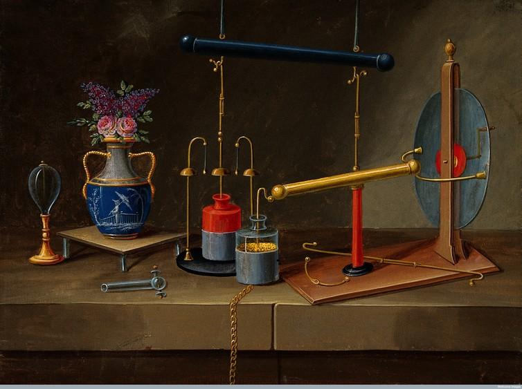 Electricity condenser jars, an electro static generator, and a vase with flowers, c.1850
