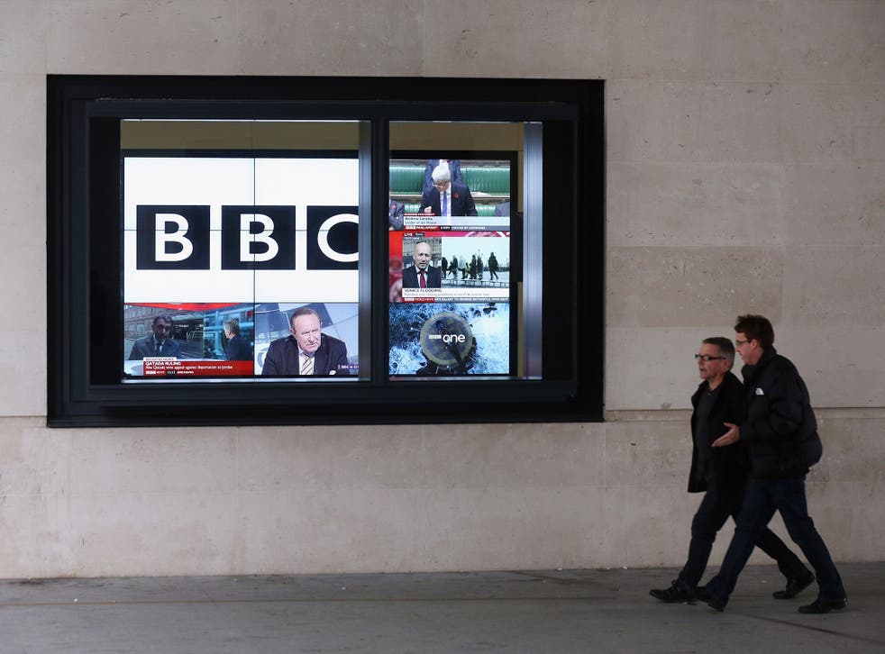 Television screens at the BBC headquarters at New Broadcasting House