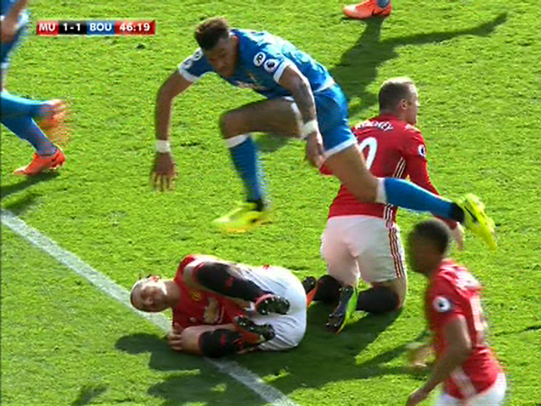 Ibrahimovic was on the floor after a collision with Wayne Rooney