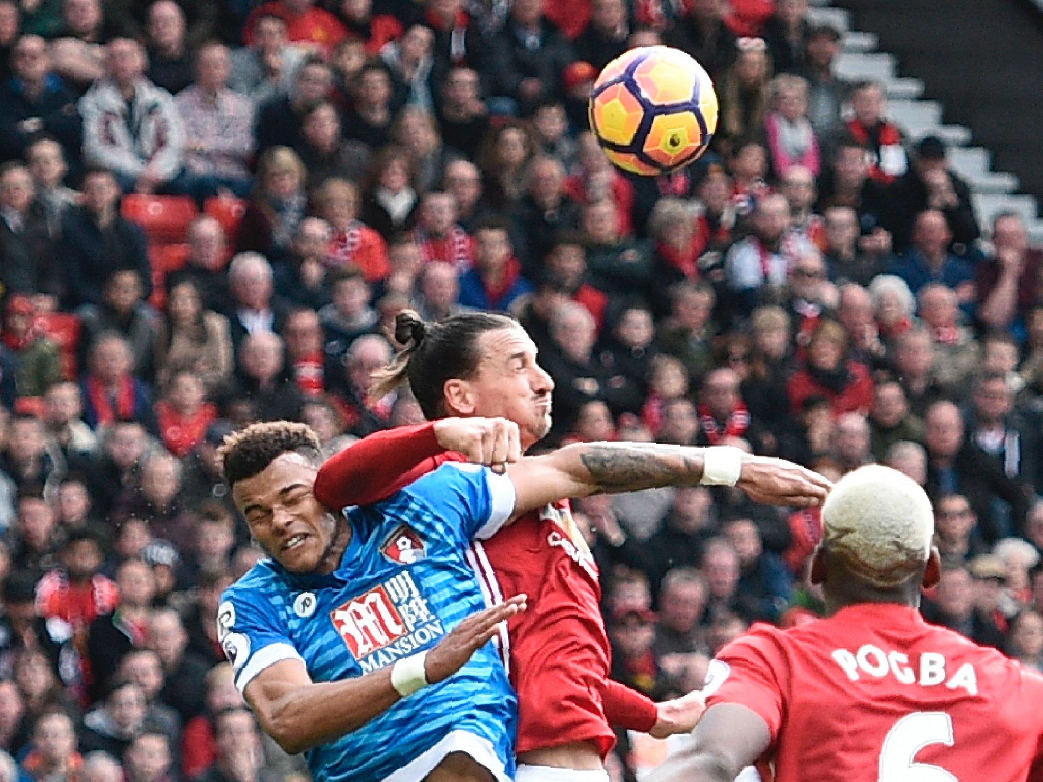 Zlatan Ibrahimovic elbows Tyrone Mings in the head during Manchester United vs Bournemouth