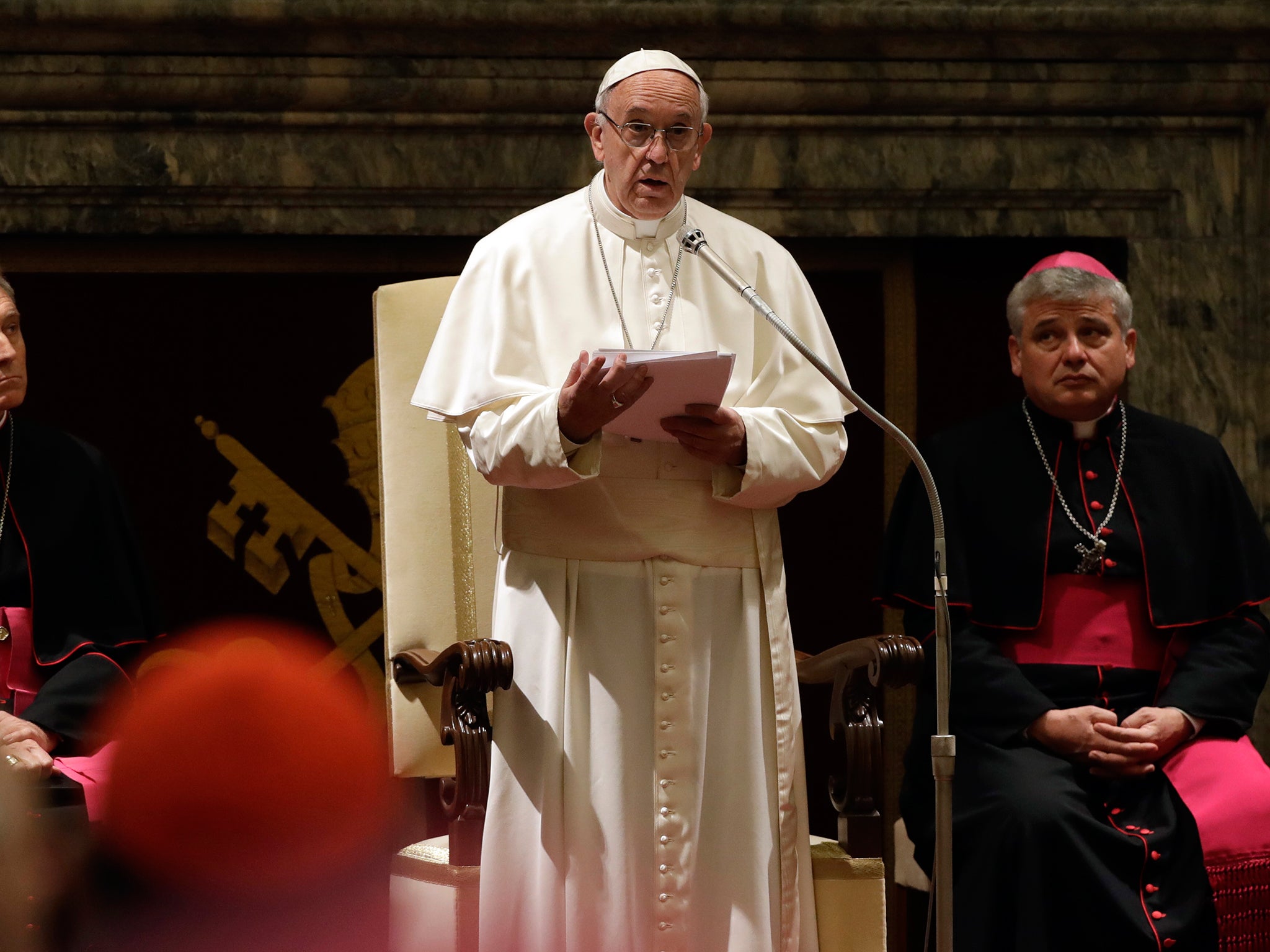 Pope Francis speaks on the occasion of his Christmas greetings to the Roman Curia in the Clementine Hall