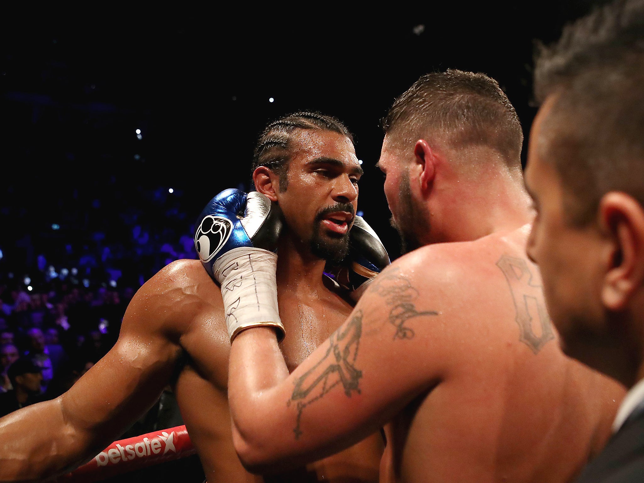 Bellew speaks with Haye after his victory during the heavyweight contest at The O2