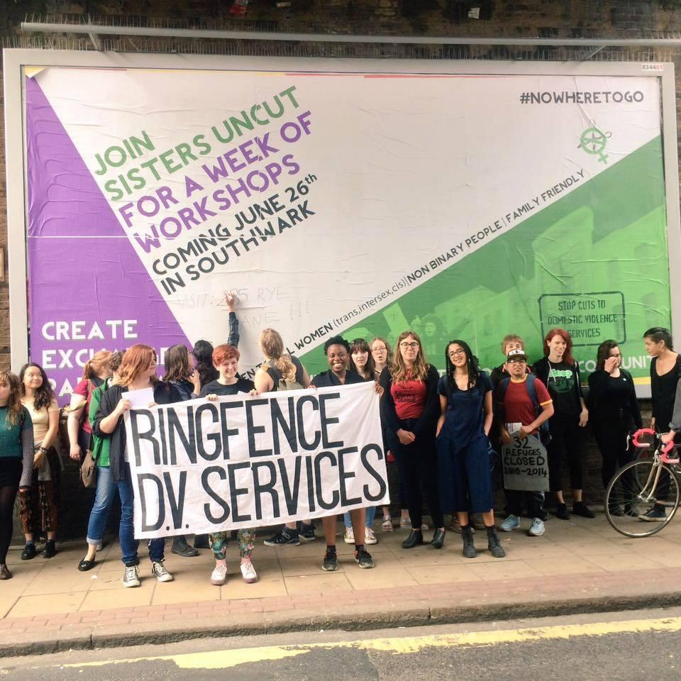 Members of domestic violence campaign group Sisters Uncut protest against cuts to refuge services