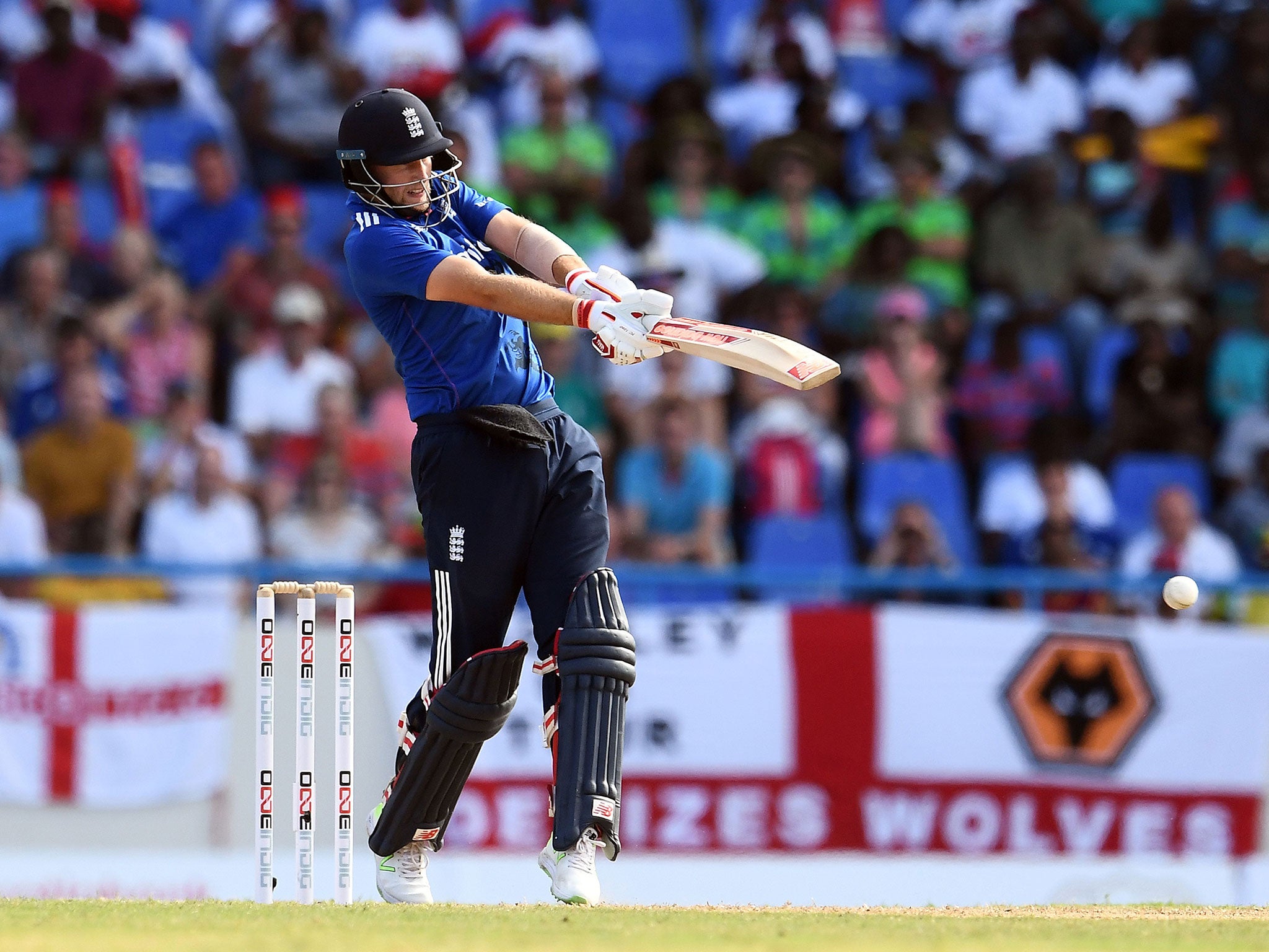 Joe Root plays a shot during the second of the three-match One Day International series between England and West Indies at the Sir Vivian Richards Stadium