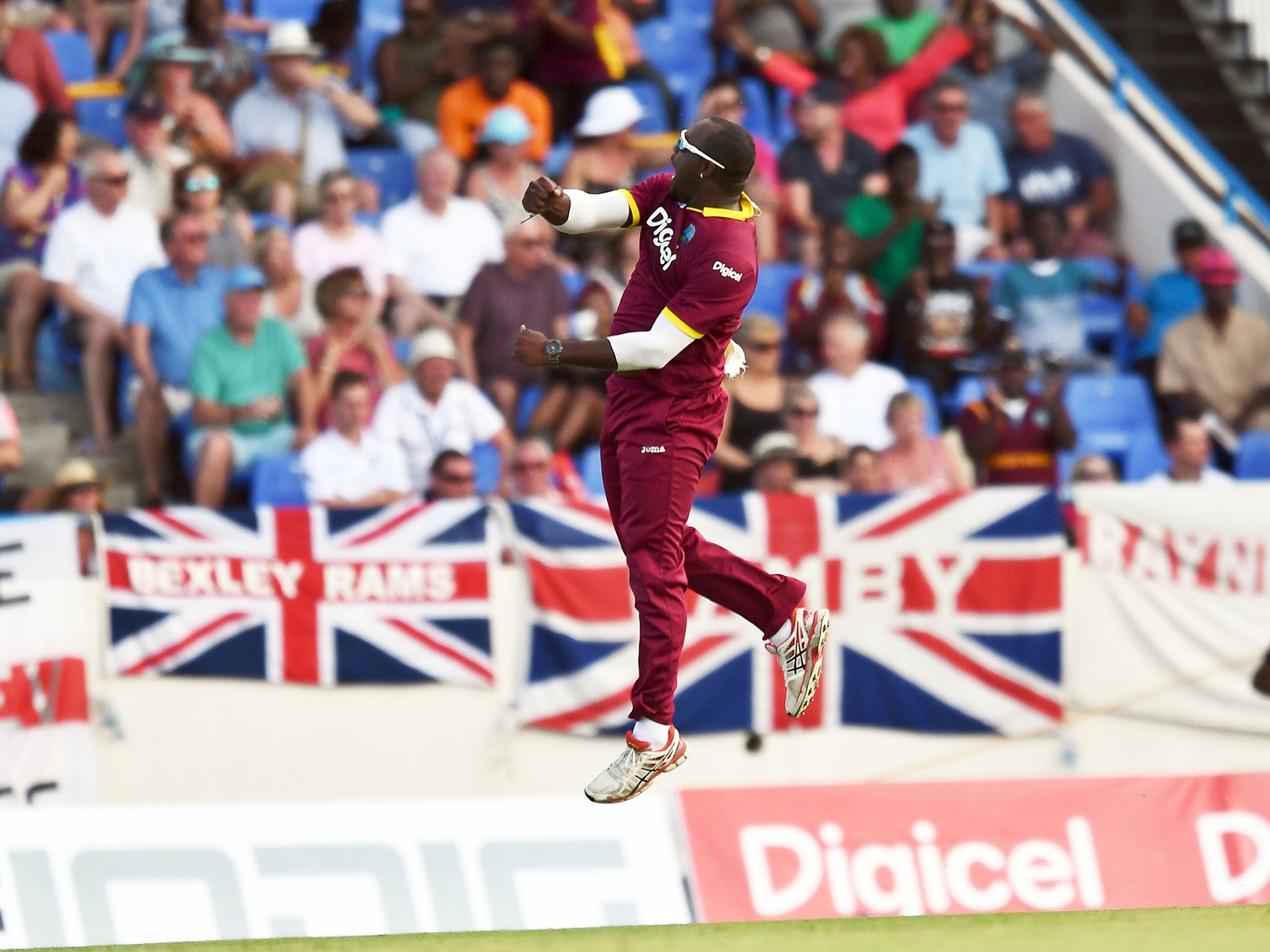 Ashley Nurse celebrates after bowling out England's Moeen Ali