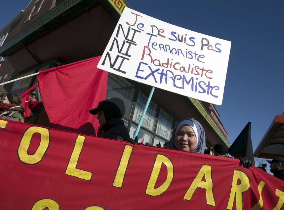 A rally to denounce an anti-Islam demonstration in Montreal in March 2015