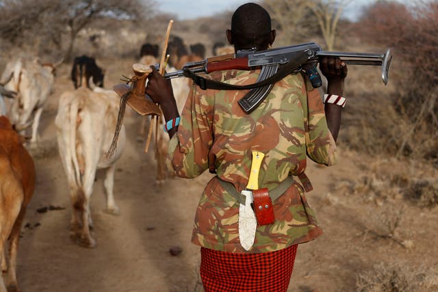 A Turkana tribesman carries a gun in order to protect his cattle as illegal grazing rises in areas hit by drought