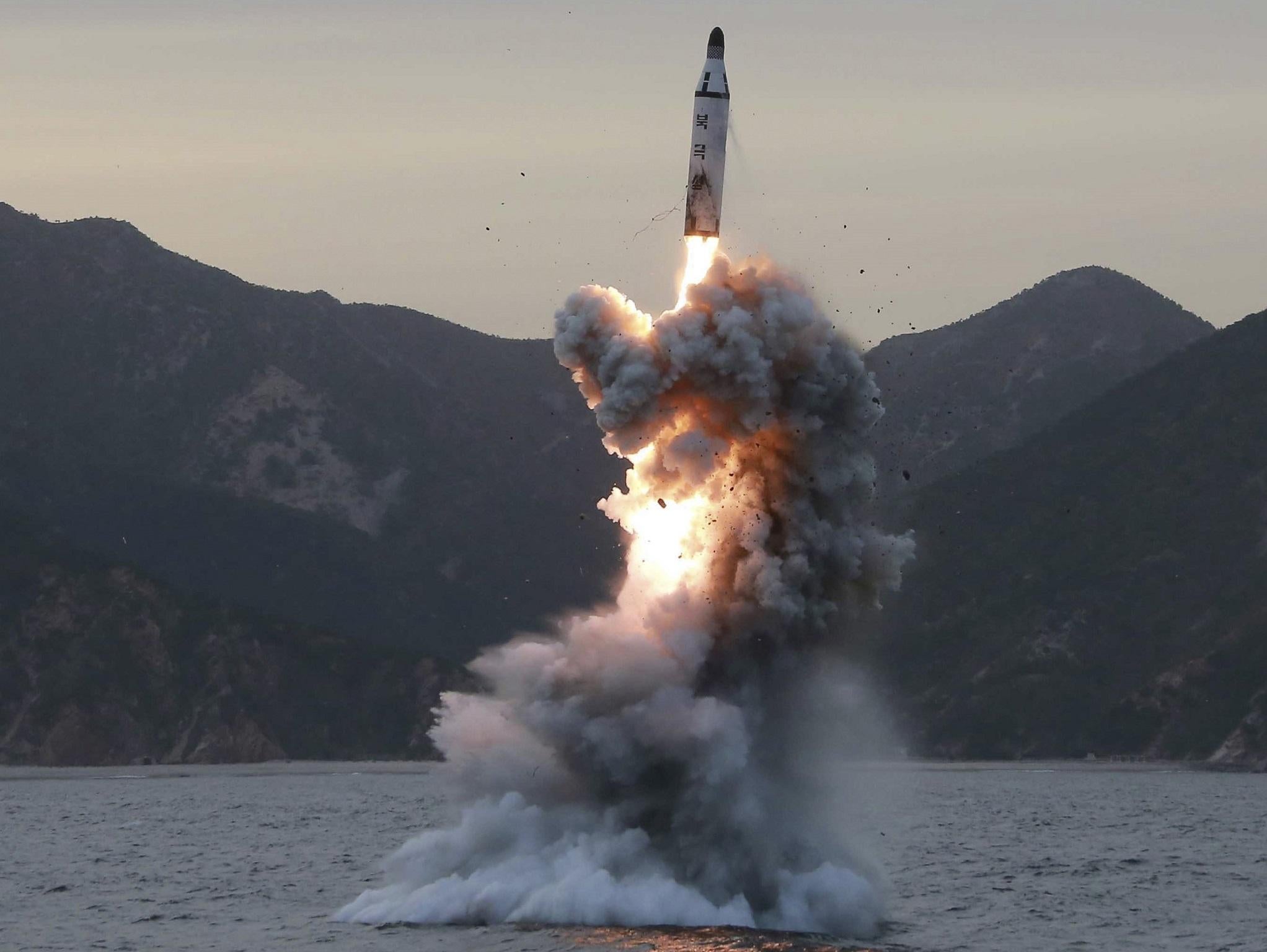 An undated photo released last April by North Korean Central News Agency showing an 'underwater test-fire of strategic submarine ballistic missile' conducted at an undisclosed location in North Korea