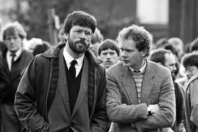 President of Sinn Fein, Gerry Adams and West Belfast MP Martin McGuinness at the funeral of Patrick Kelly, the reputed IRA commander in East Tyrone