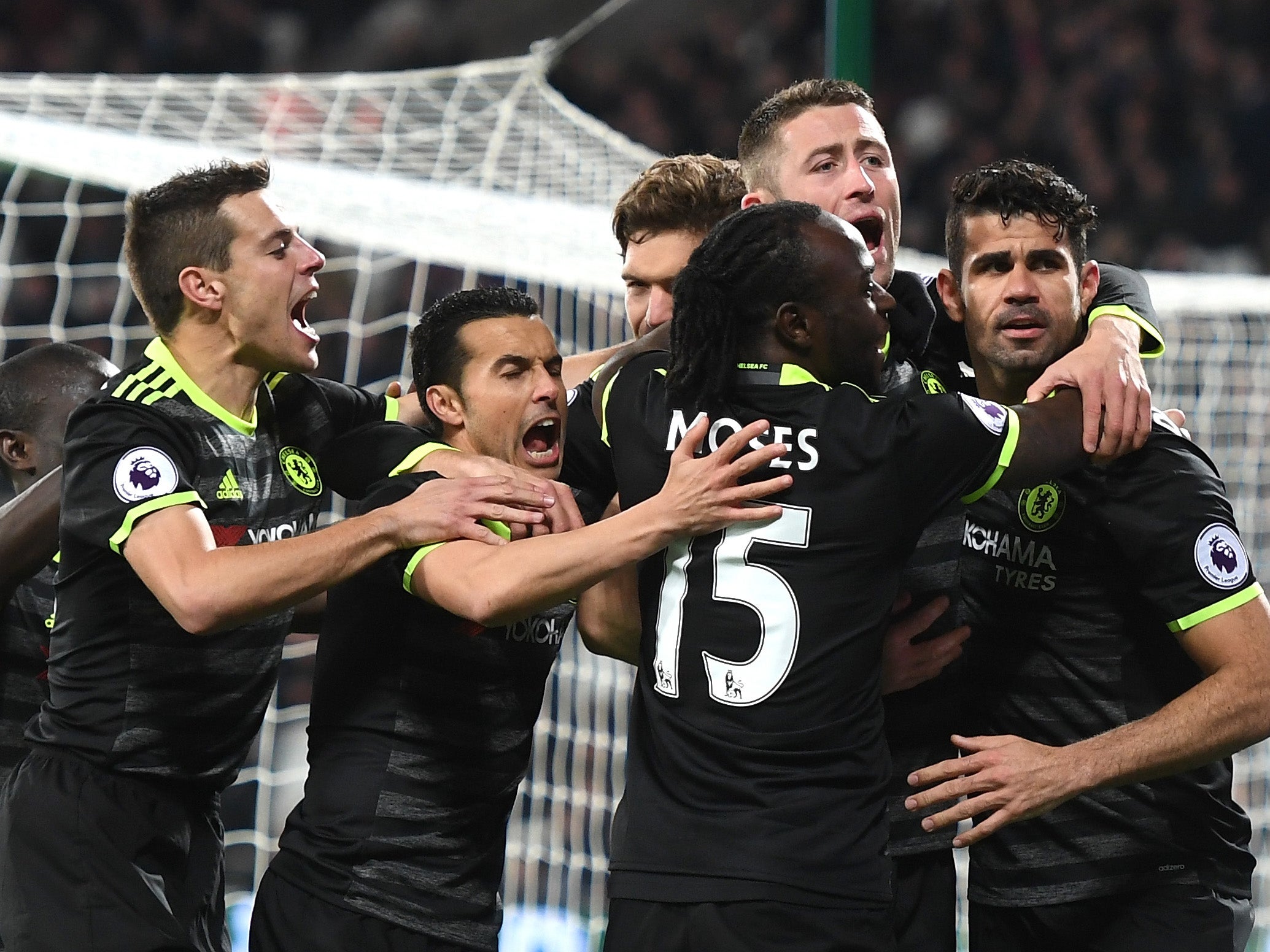 Chelsea players celebrate Costa's goal