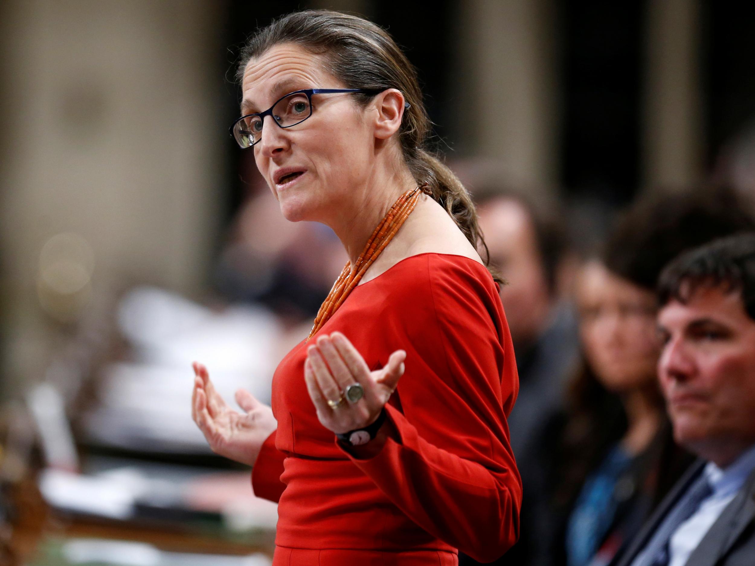 Canada's Foreign Minister Chrystia Freeland speaks during Question Period in the House of Commons on Parliament Hill in Ottawa, Ontario