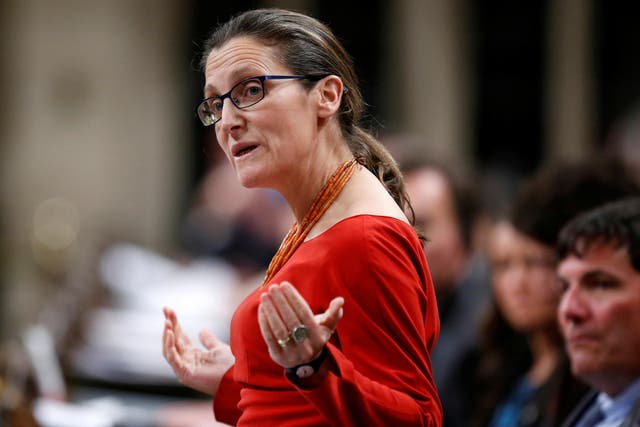 Canada's Foreign Minister Chrystia Freeland speaks during Question Period in the House of Commons on Parliament Hill in Ottawa, Ontario