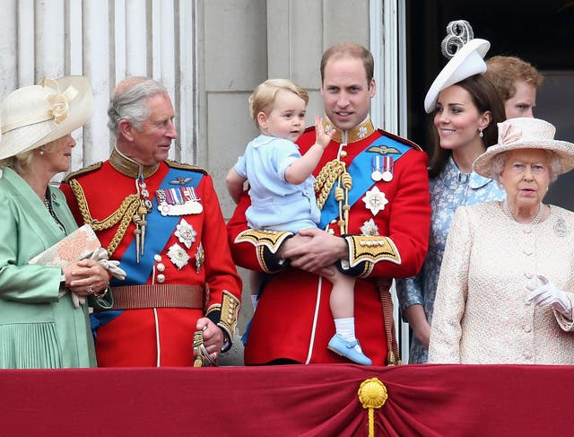 The Duchess of Cornwall, the Prince of Wales, Prince William and Prince George, the Duchess of Cambridge and Prince Harry join the Queen on the balcony of Buckingham Palace during the Trooping of the Colour in 2015