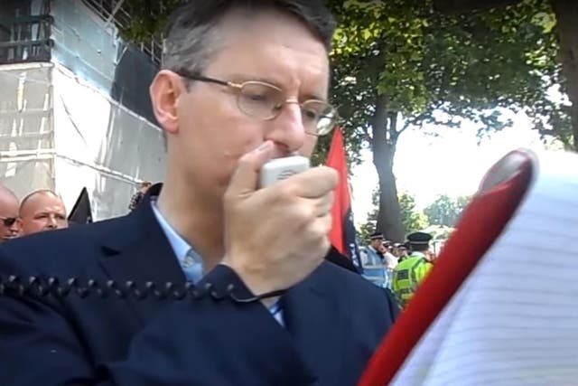 Jeremy Bedford Turner addresses the small protest outside Whitehall in July 2015
