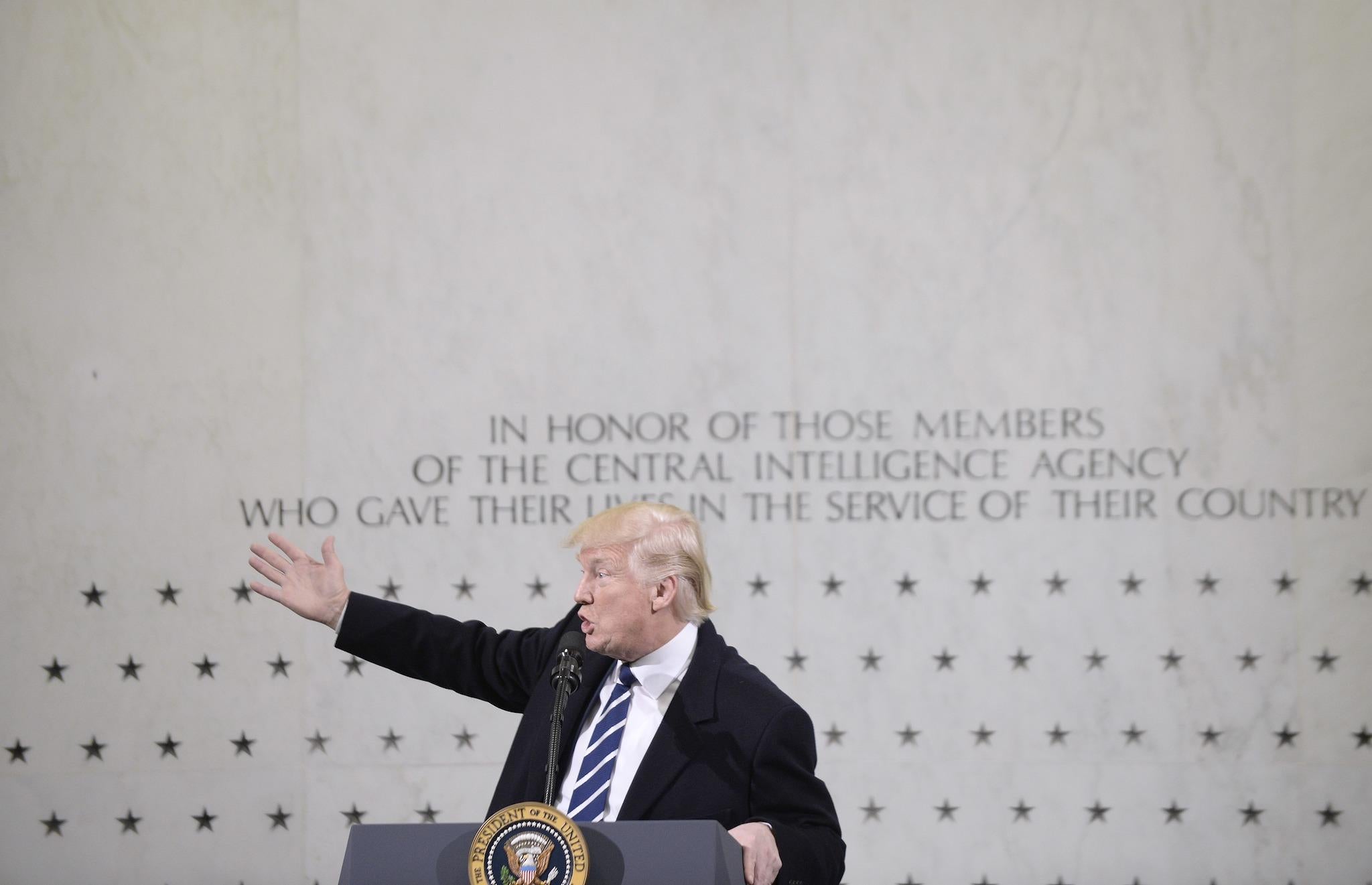 US President Donald Trump speaks at the CIA headquarters on January 21, 2017 in Langley, Virginia