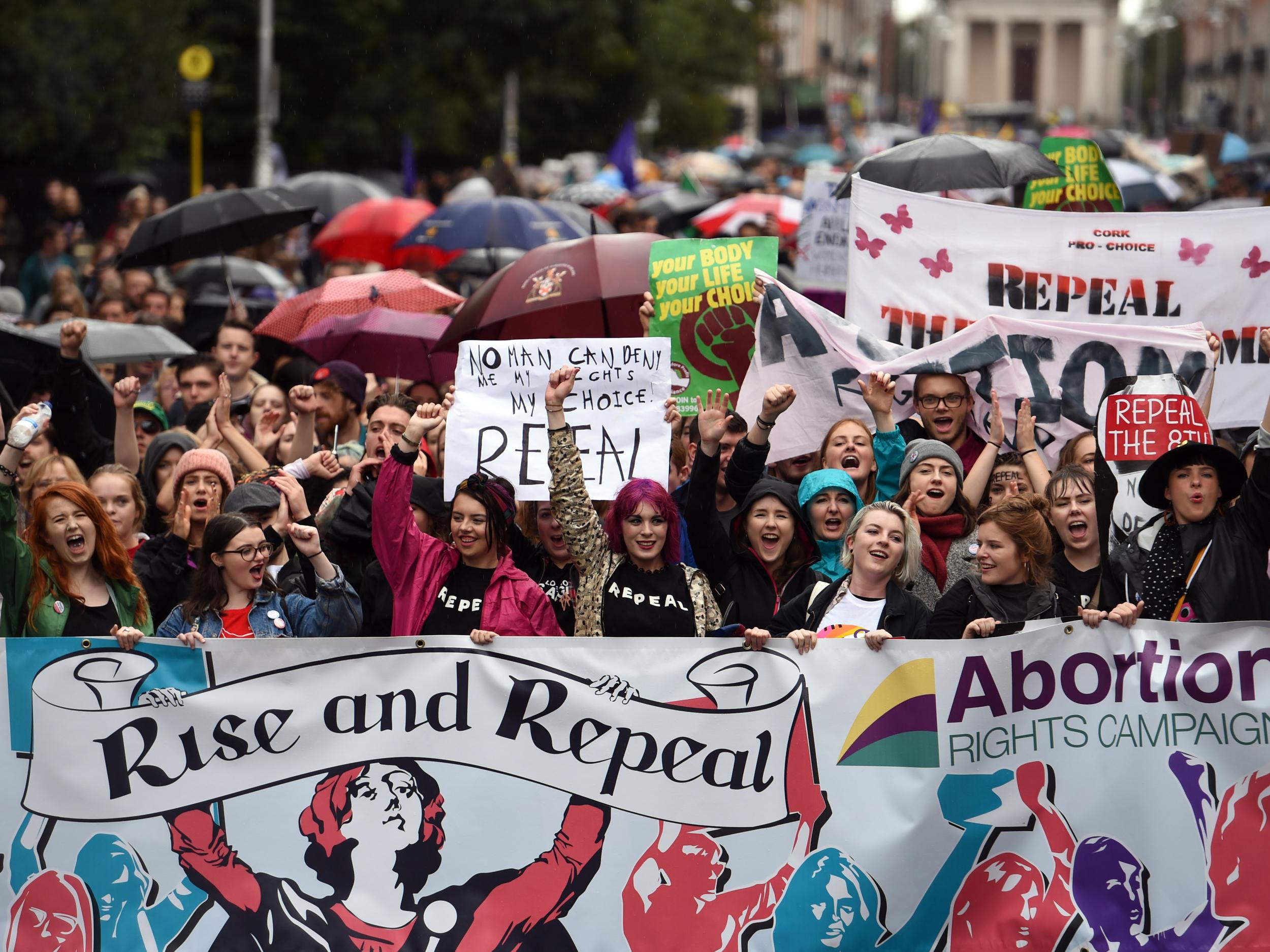 Demonstrators urge the Irish Government to repeal the 8th amendment to the constitution, which enforces strict limitations to a woman's right to an abortion, in Dublin last September