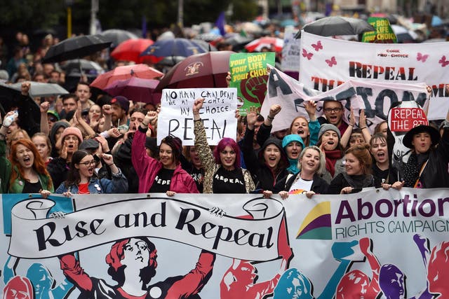 Demonstrators urge the Irish Government to repeal the 8th amendment to the constitution, which enforces strict limitations to a woman's right to an abortion, in Dublin last September