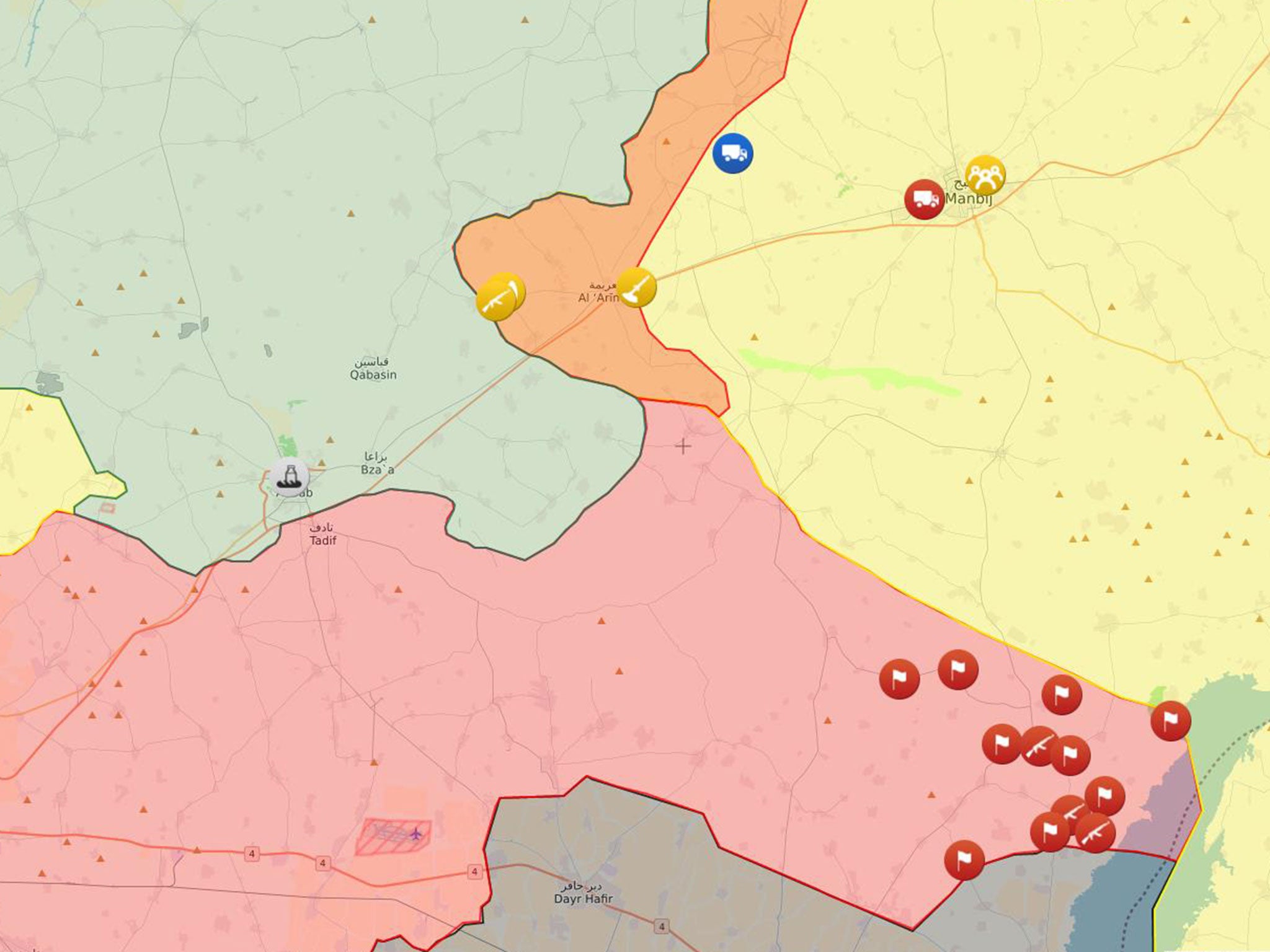 The converging frontlines near al-Bab between parties in the Syrian civil war. Territory controlled by Isis is seen in black, the Syrian government in red, Turkey-backed opposition in blue/green, Kurdish-led Syrian Democratic forces in yellow and Kurdish territory occupied by government forces in orange