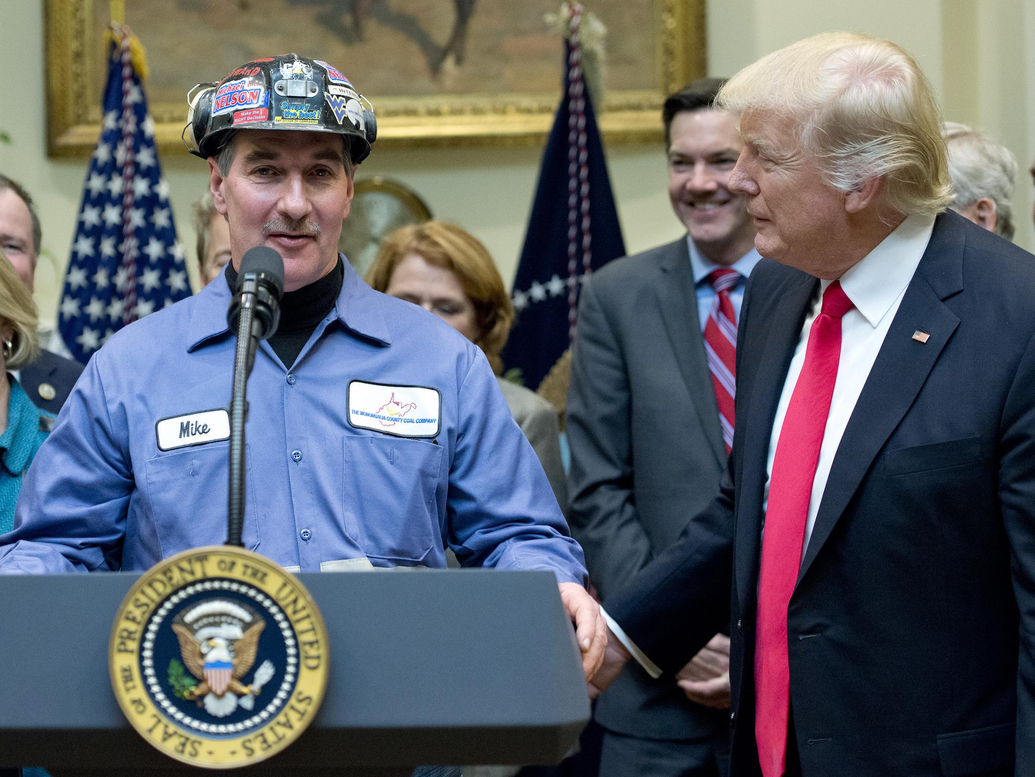 A coal miner identified only as Mike makes remarks prior to U.S. President Donald Trump signing H.J. Res. 38, disapproving the rule submitted by the US Department of the Interior known as the Stream Protection Rule in the Roosevelt Room of the White House on February 16, 2017 in Washington, DC