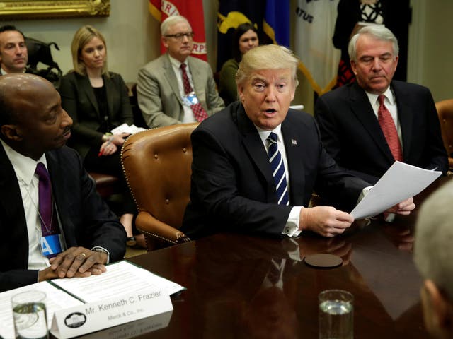 US President Donald Trump meets with pharma industry representatives at the White House in Washington