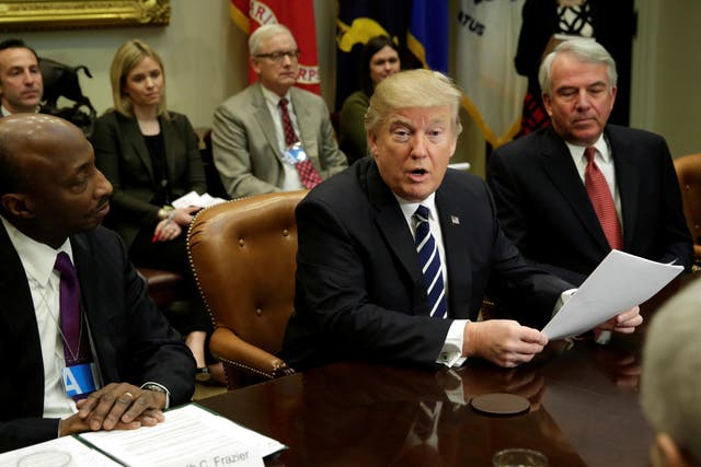 US President Donald Trump meets with pharma industry representatives at the White House in Washington