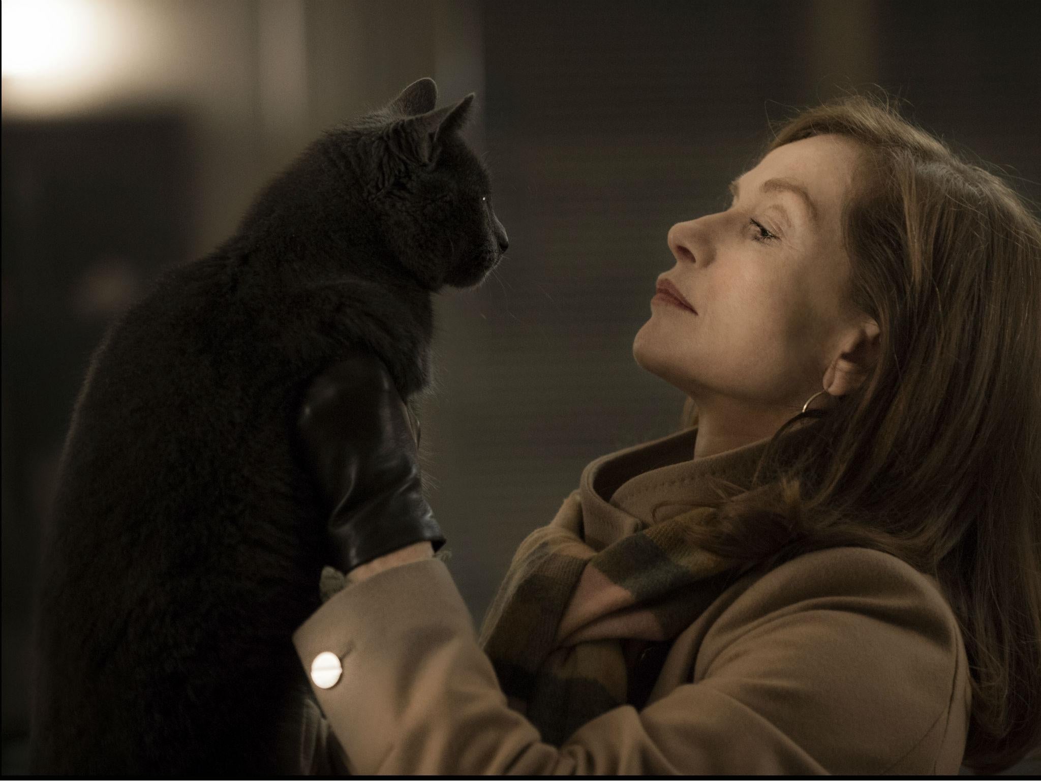 Huppert as Michéle with her cat who witnesses the rape with an intrigued, passive expression in 'Elle'