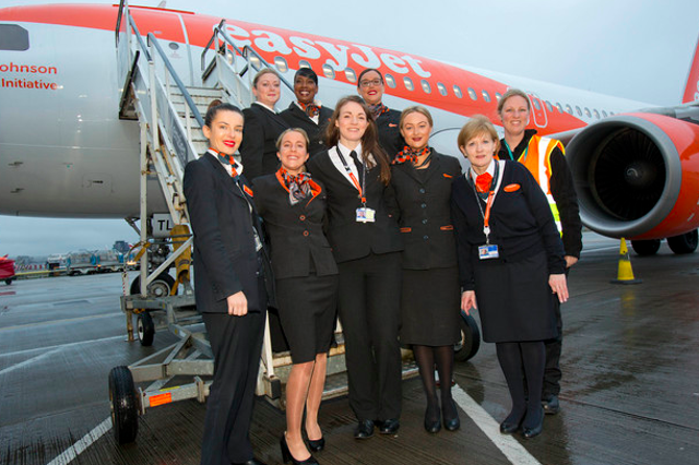 easyJet’s all female crew prepare to board the Amy Johnson for their International Women’s Day flight to Madrid
