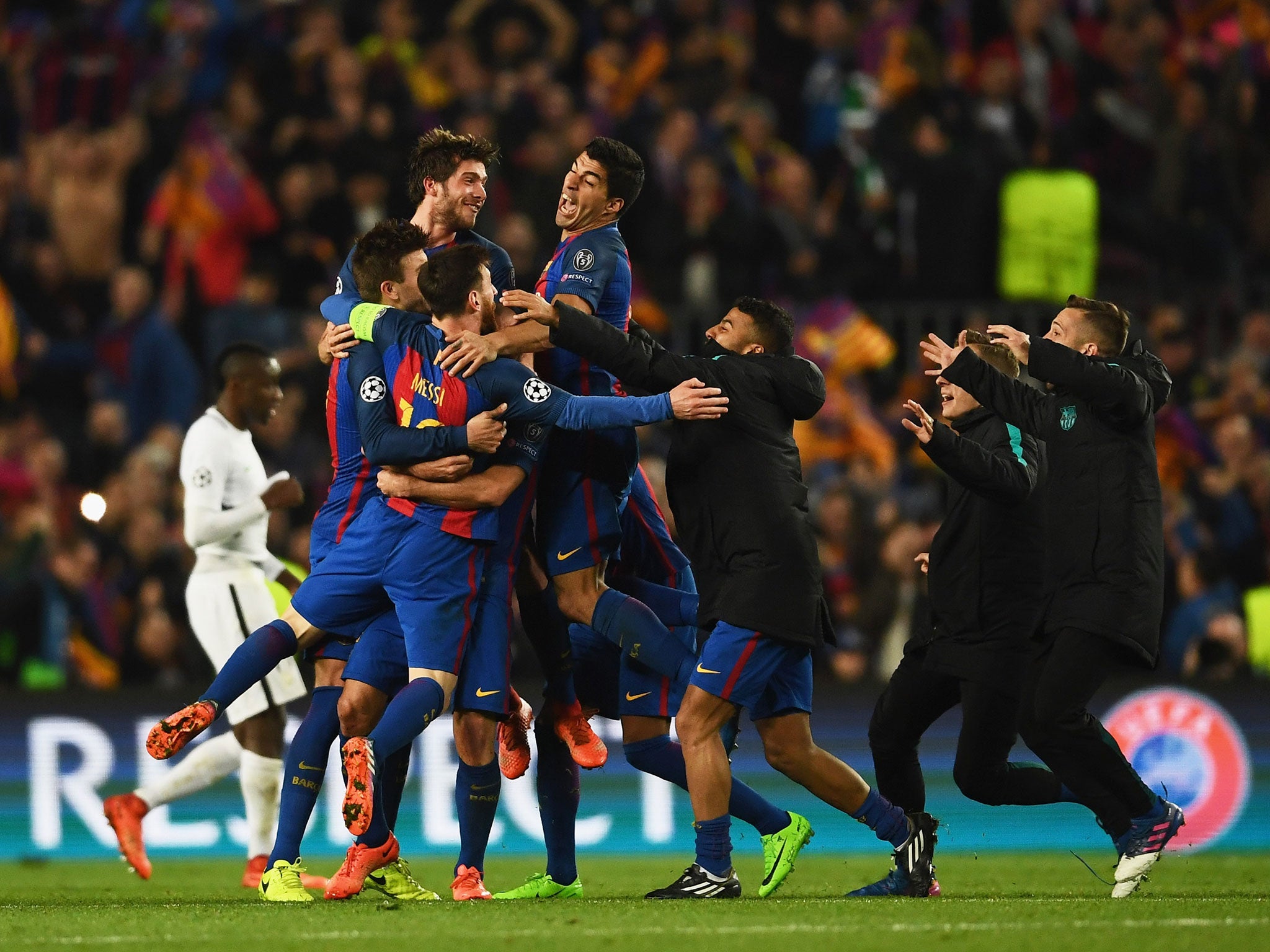 Barcelona celebrate after clinching their sixth goal