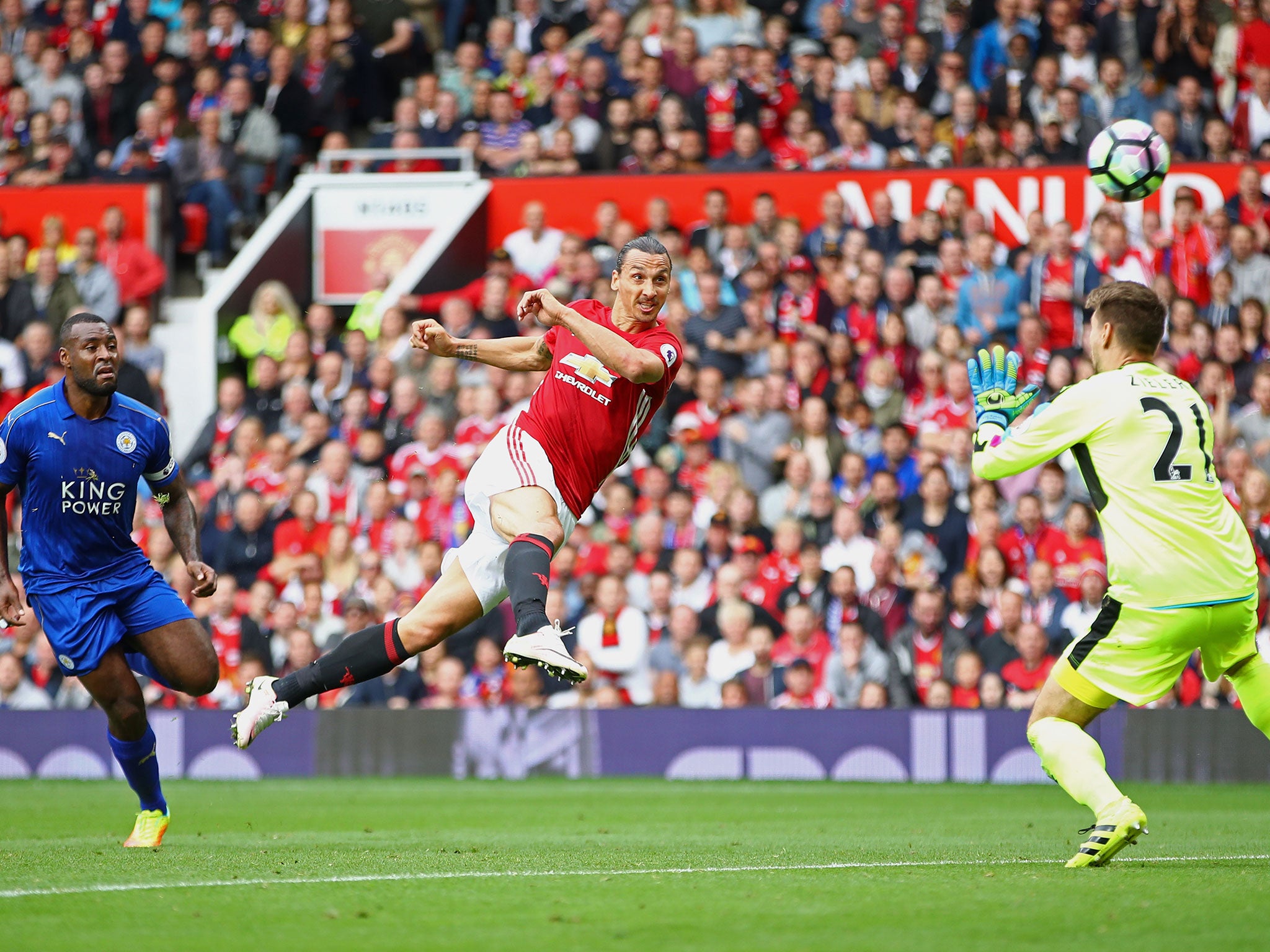 Manchester United's Zlatan Ibrahimovic scores against Leicester