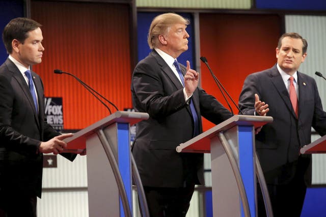 Donald Trump during a heated debate with fellow Republican presidential candidates Marco Rubio (left) and Ted Cruz (right) during last year's campaign