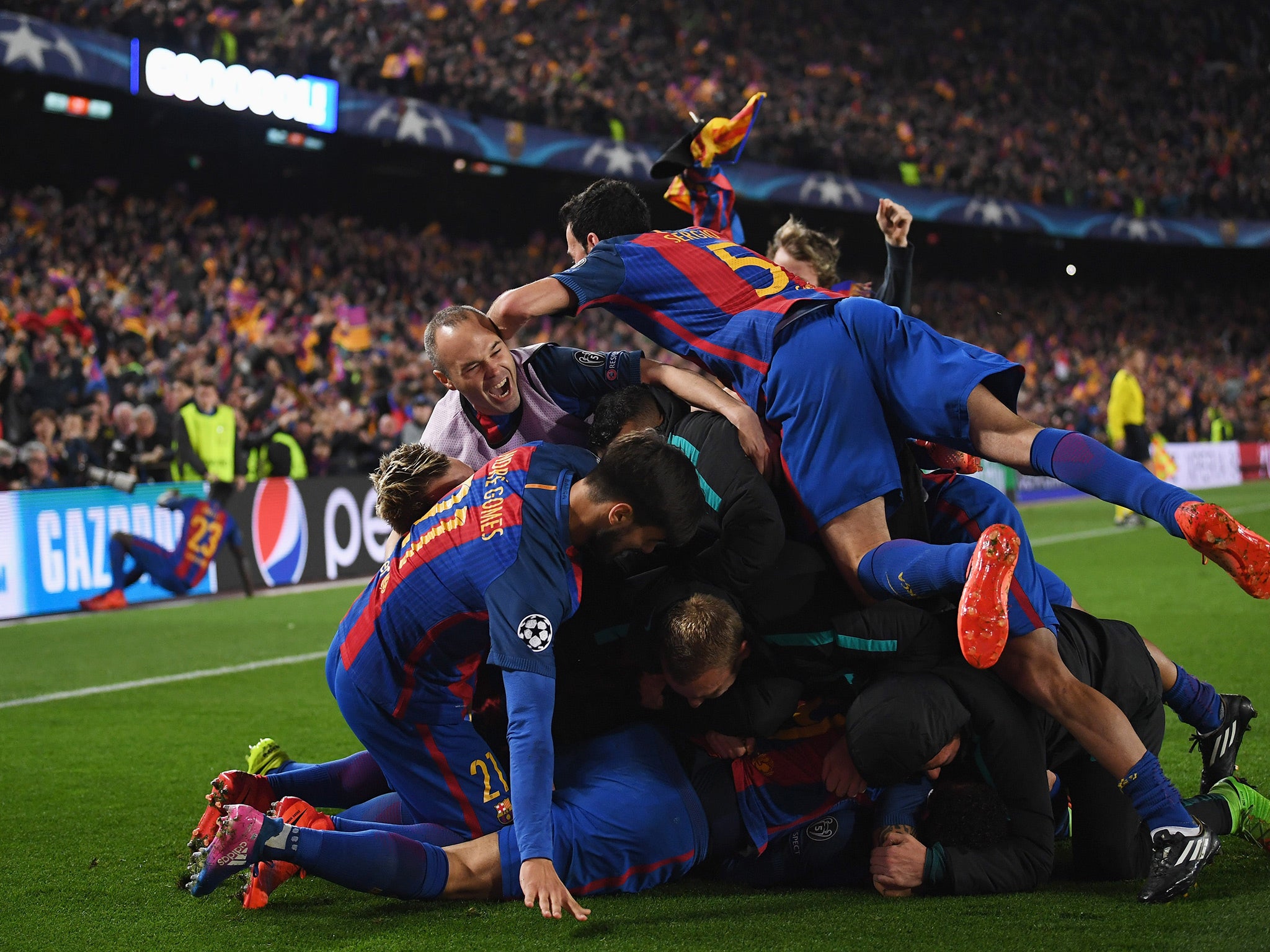 Sergi Roberto was mobbed after scoring the late goal which sealed Barcelona's progress to the quarter-finals