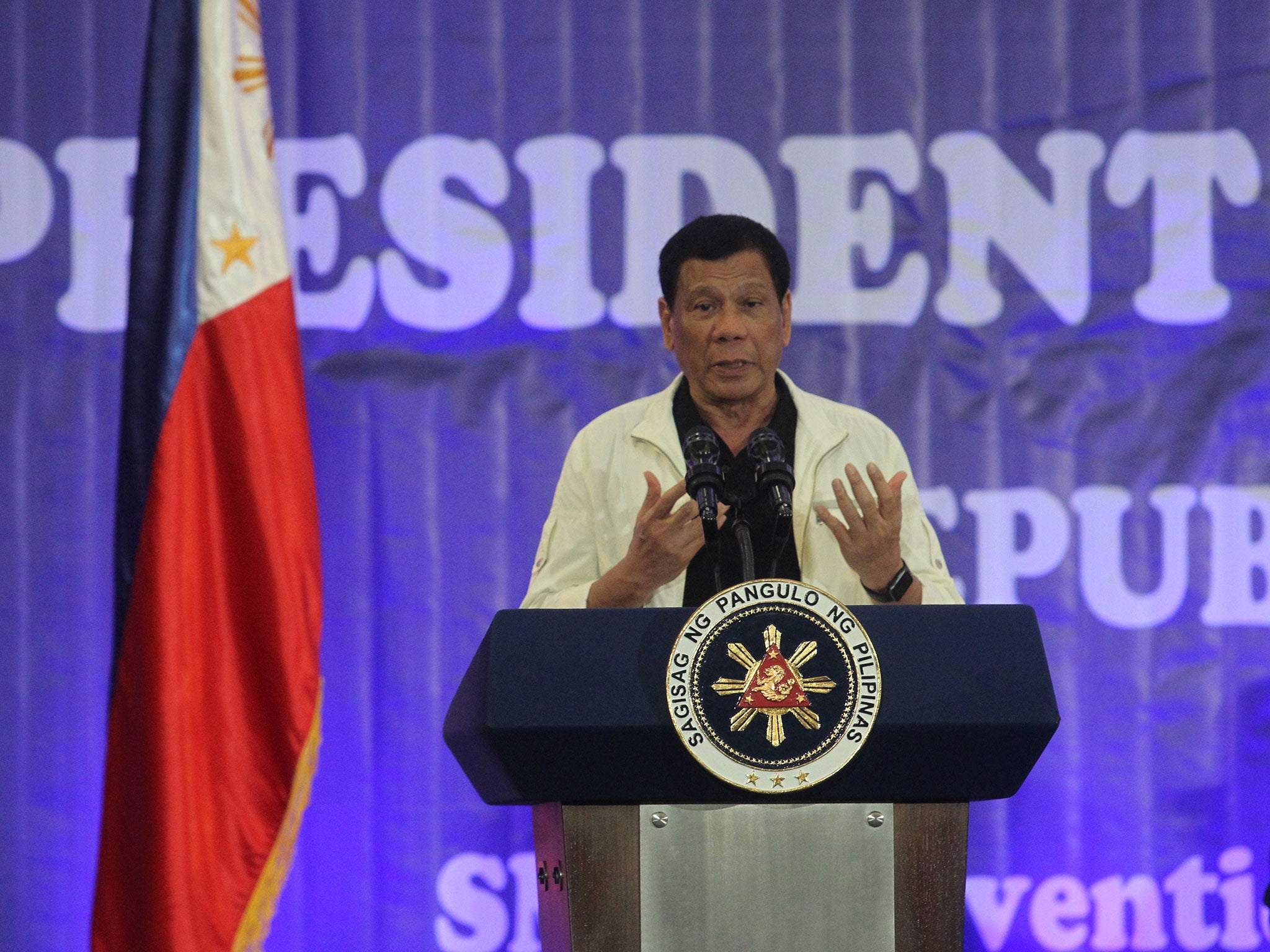 President Rodrigo Duterte speaks to town mayors in Davao City in southern Philippines