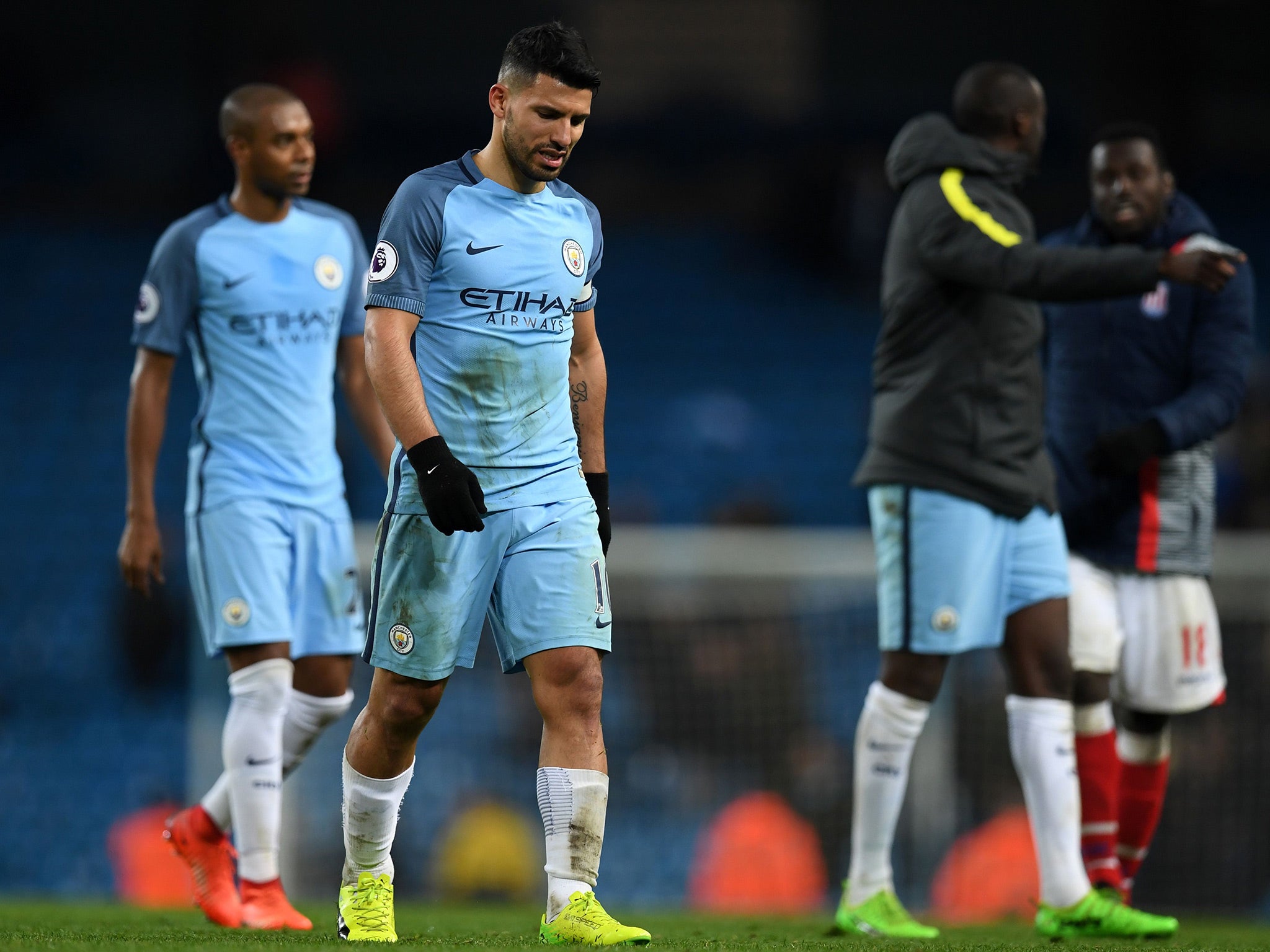 Sergio Aguero, the Manchester City striker, walks off the pitch after Wednesday's draw with Stoke