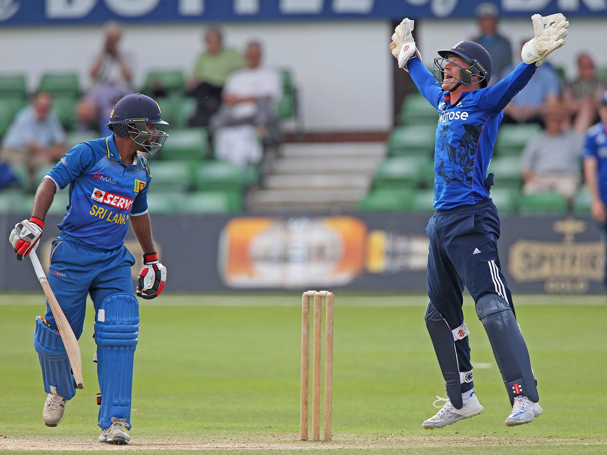 Sam Billings celebrates as Udara Jayasundara of Sri Lanka A is dismissed LBW
