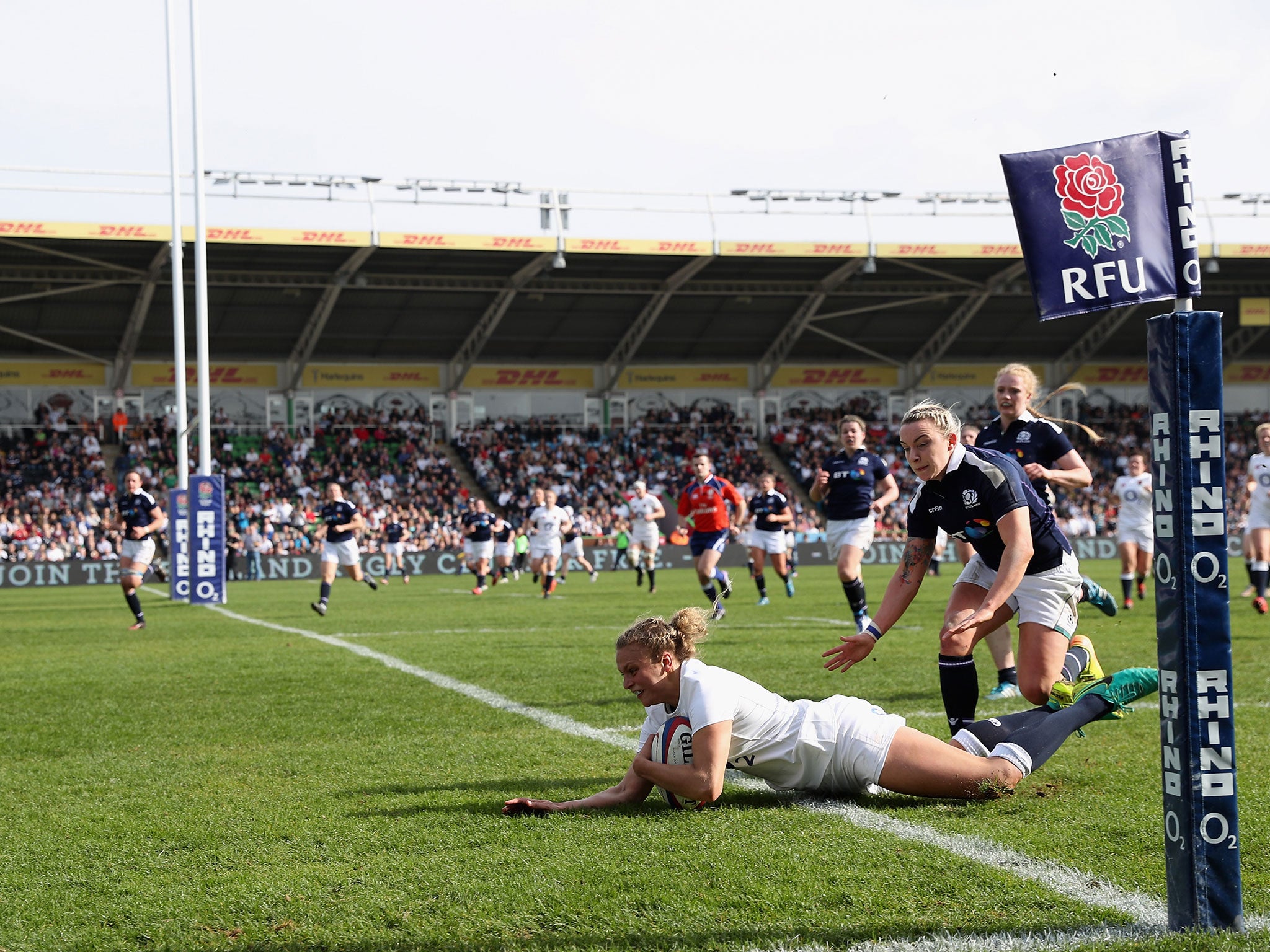 Kay Wilson runs over for one of her seven tries at the Twickenham Stoop