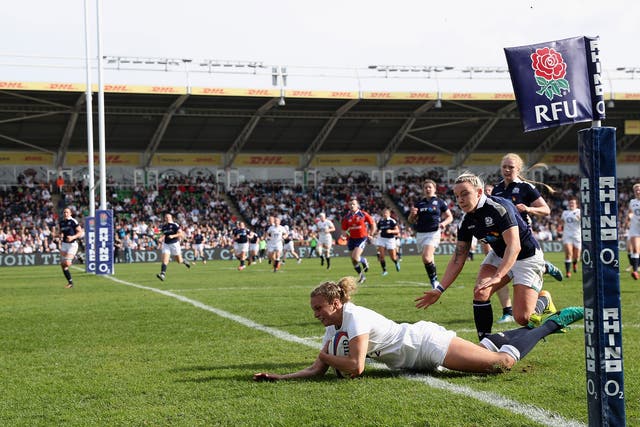 Kay Wilson runs over for one of her seven tries at the Twickenham Stoop