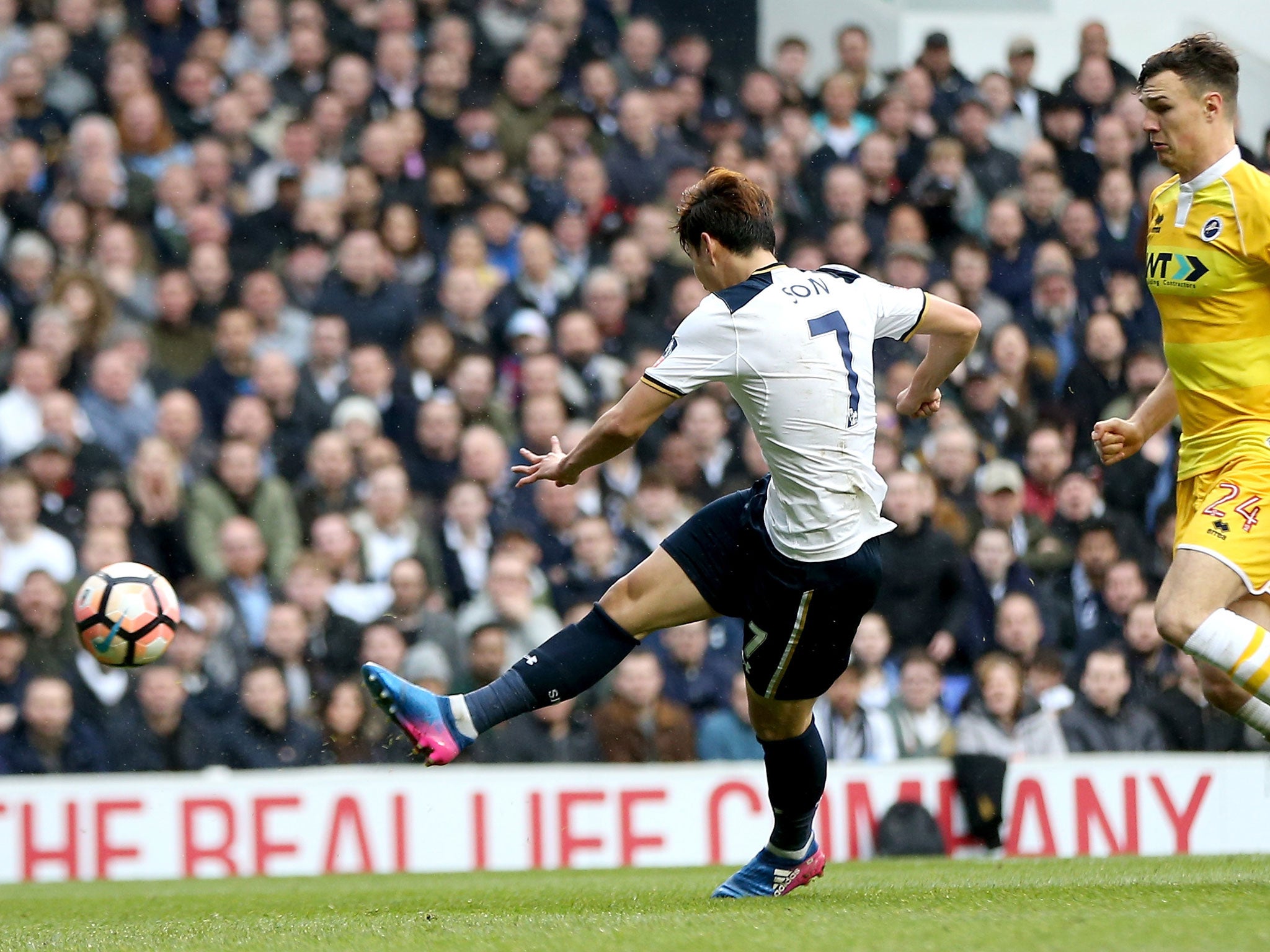 &#13;
Son fires home his second goal for Spurs &#13;