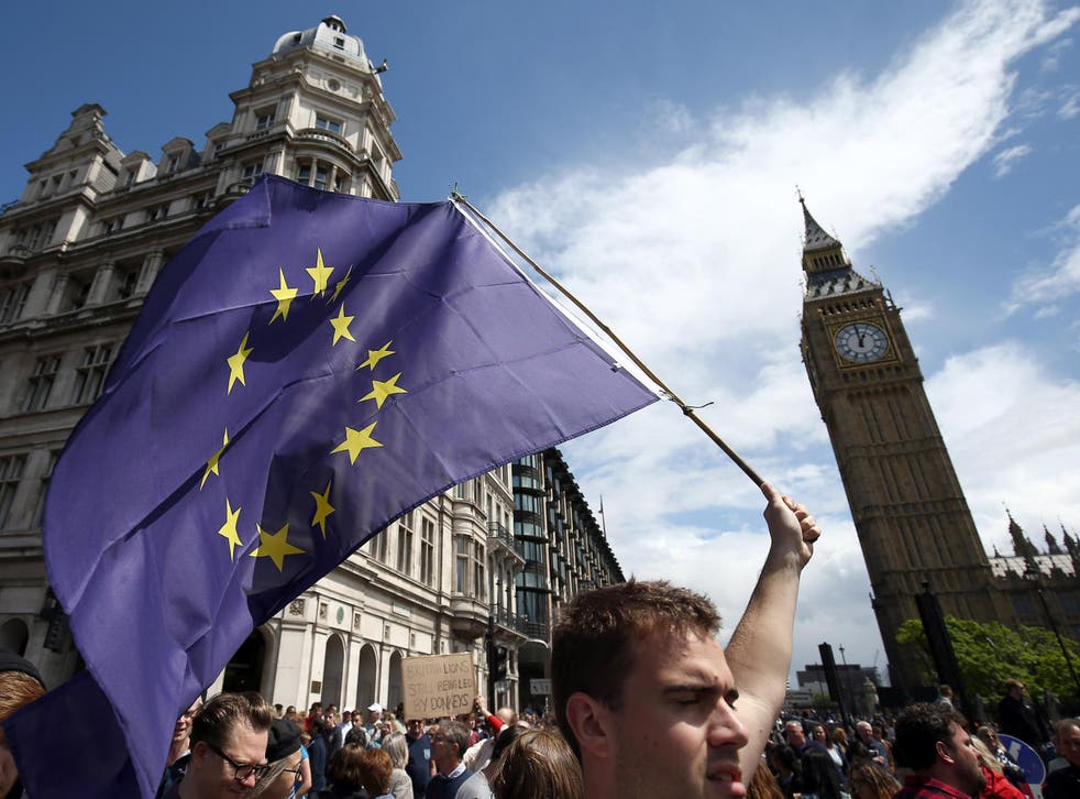 People hold banners during a demonstration against Britain's decision to leave the European Union