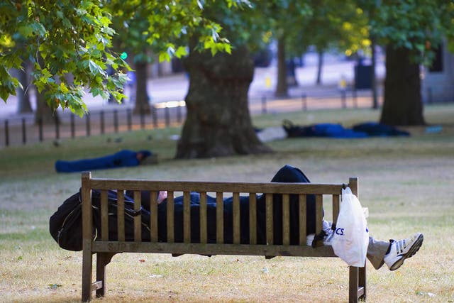 A Homeless person sleeping in St James Park, London, not far from Buckingham Palace.