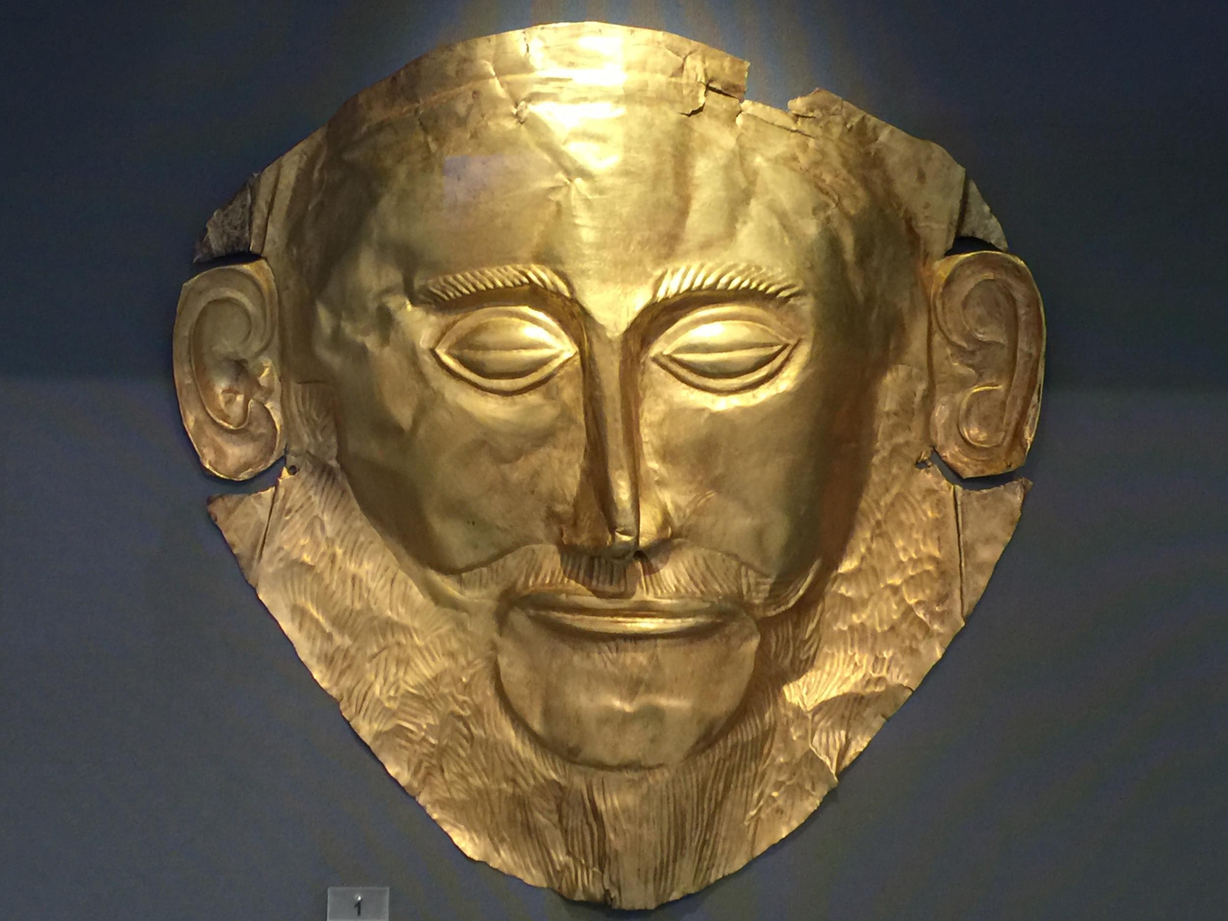 This golden death mask was discovered in the ruins of ancient Mycenae in 1876 by Heinrich Schliemann after he went looking for the palace of Agamemnon, a central figure in the Trojan War. It has since dated the mask to an even earlier period