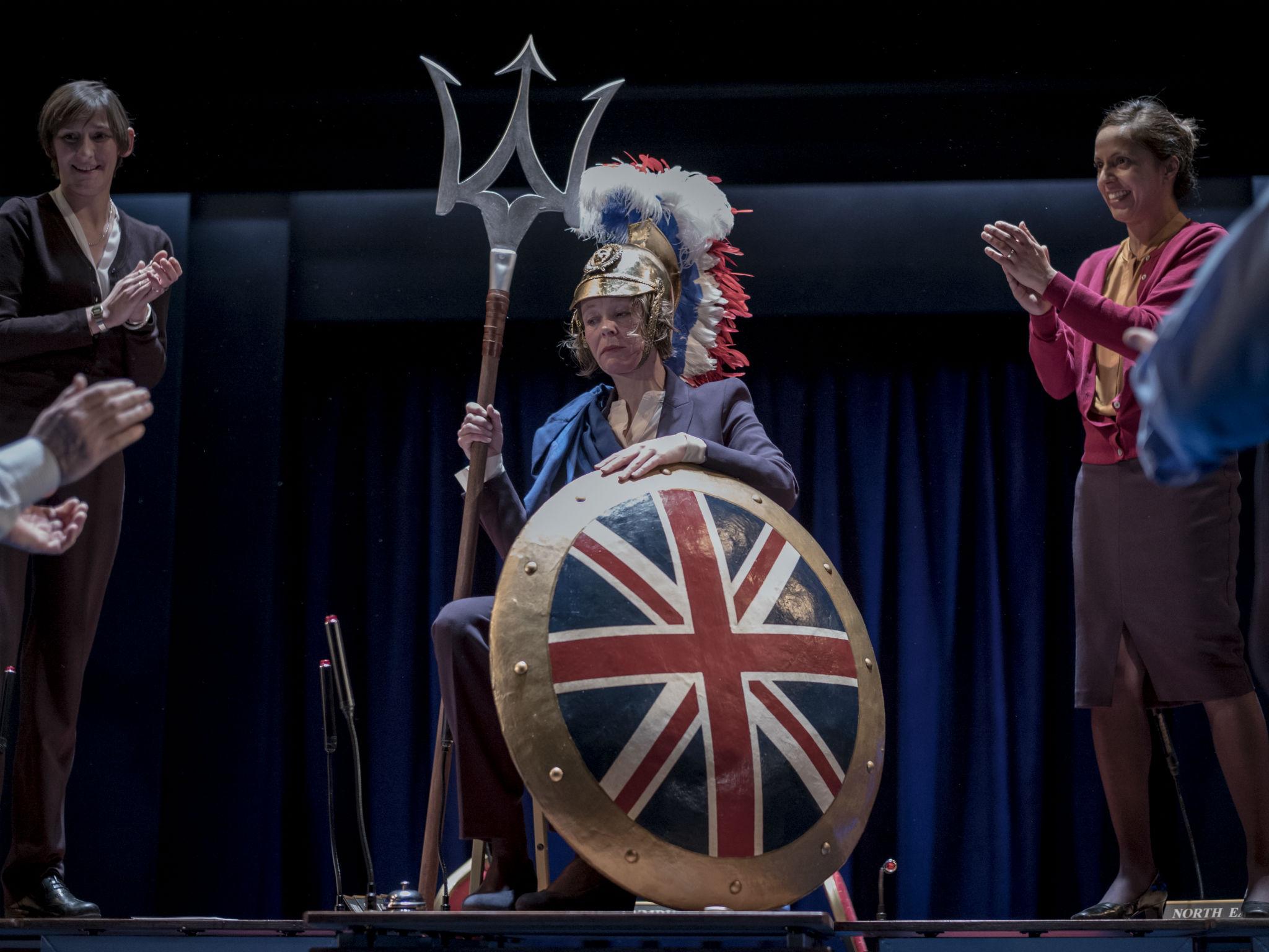 Penny Layden as Britannia in 'My Country: A Work In Progress' at the National Theatre