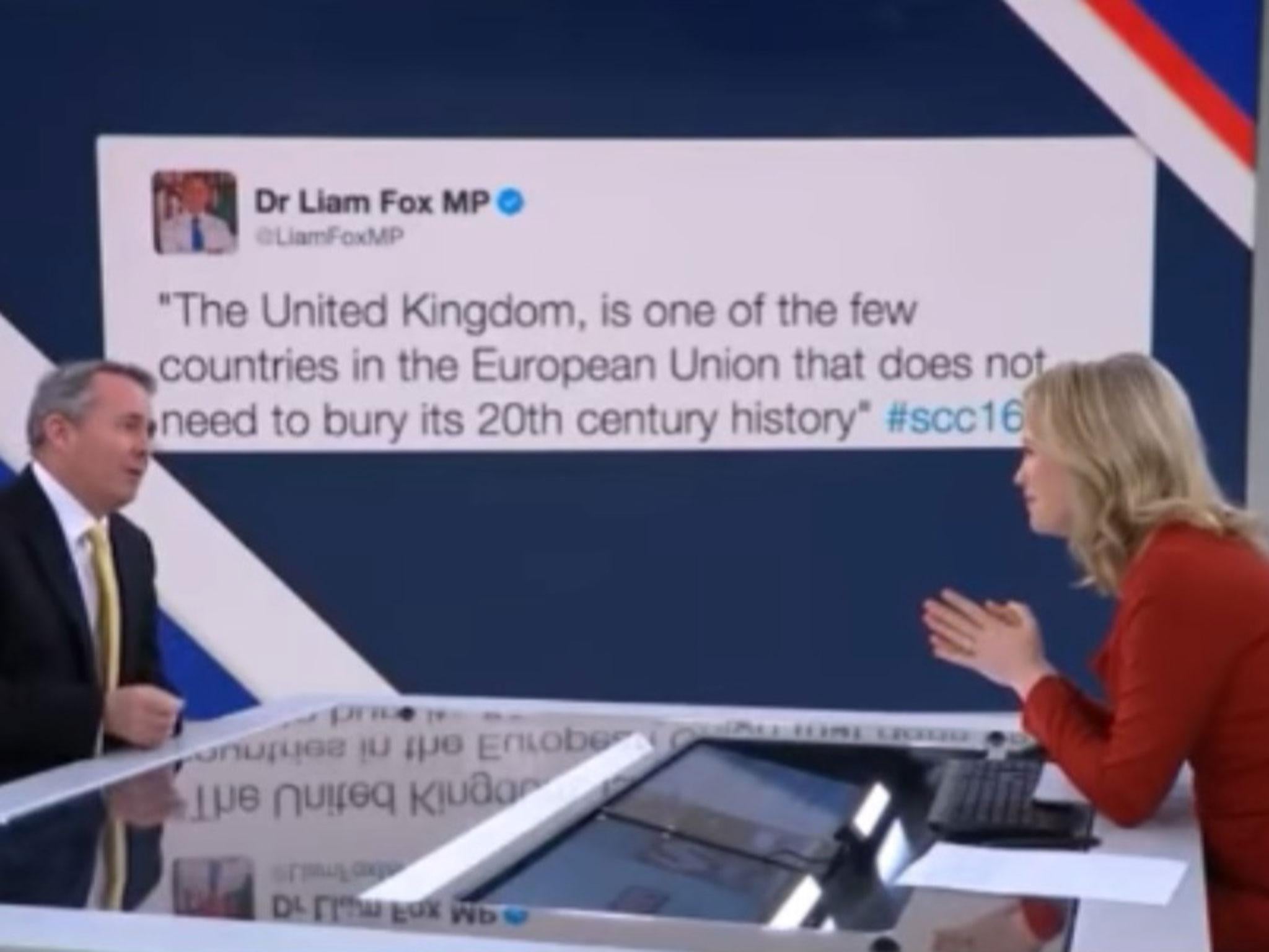 Sophy Ridge pointed towards the giant image of the tweet but then moved on
