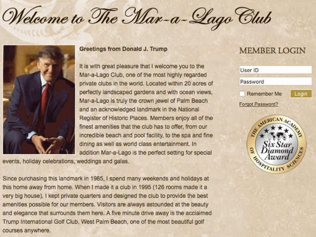 The Mar-a-Lago member's club homepage, bearing a greeting from the President himself