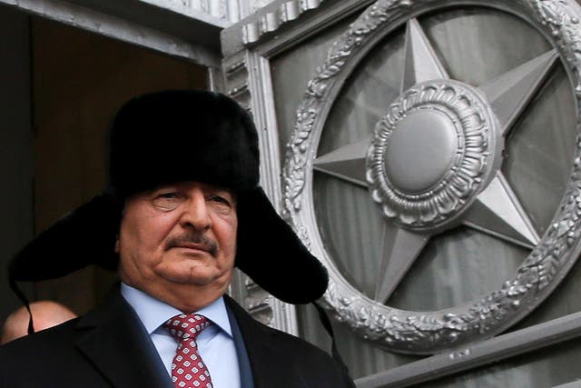 General Khalifa Haftar, commander in the Libyan National Army, leaves a meeting with Russian Foreign Minister Sergei Lavrov in Moscow