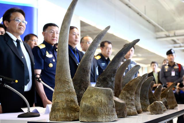 Rhino horns are displayed during a news conference at the Suvarnabhumi International Airport in Bangkok