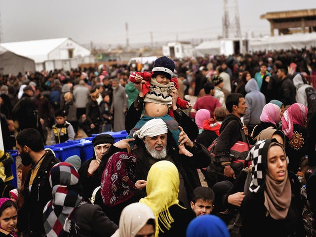 Displaced Iraqis from Mosul arrive at the Hamam al-Alil camp during the government forces ongoing offensive to retake the western parts of the city from Islamic State (IS) group fighters